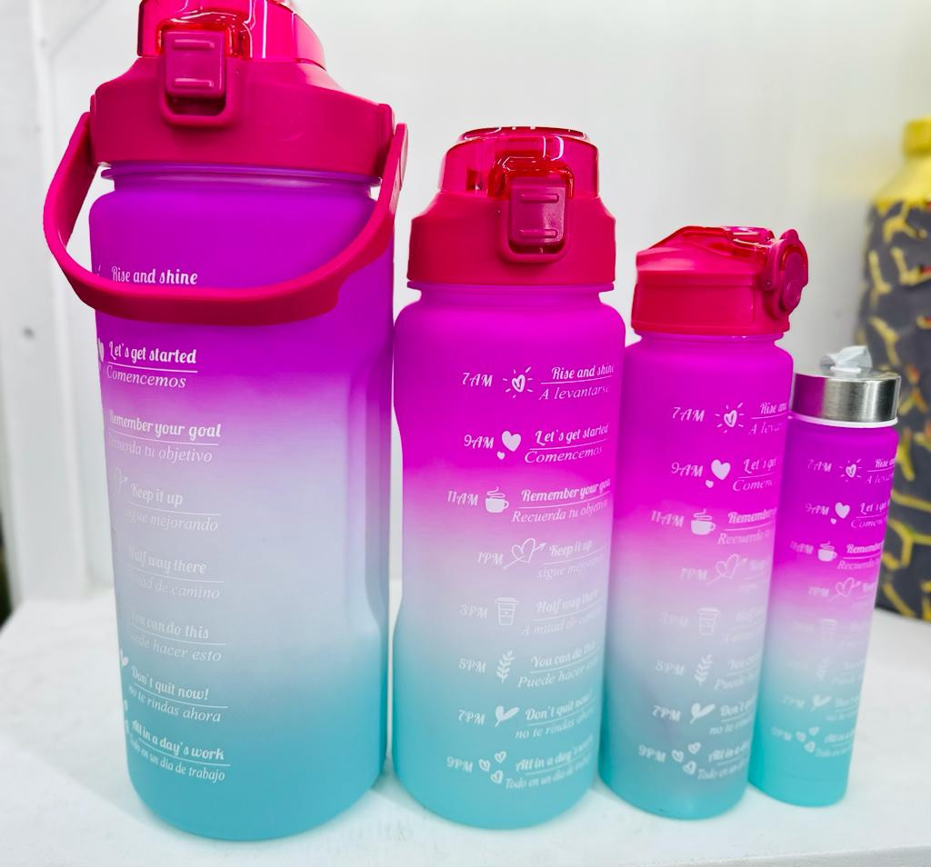 Large Capacity 4 pcs Set Sports Water Bottle Portable Fitness Handle Gradient Frosted Cup Straw Plastic Outdoor Camping