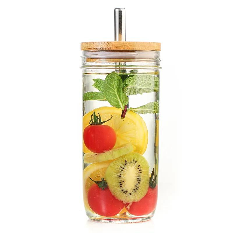 Glass cups with bamboo lid and glass straw 6pcs